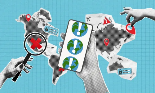 Graphic collage showing the continents with Xs and warning signs over them, and a person holding a phone with large exclamation points on the screen, indicating global censorship on the internet and social media.